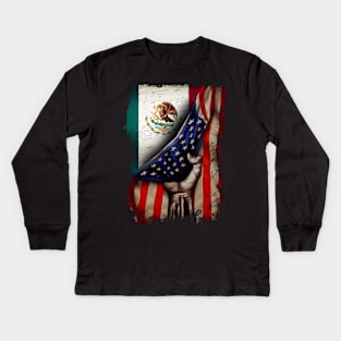 American Flag With Mexican Flag, Mexican Roots, American Flag, 4th Of July Kids Long Sleeve T-Shirt